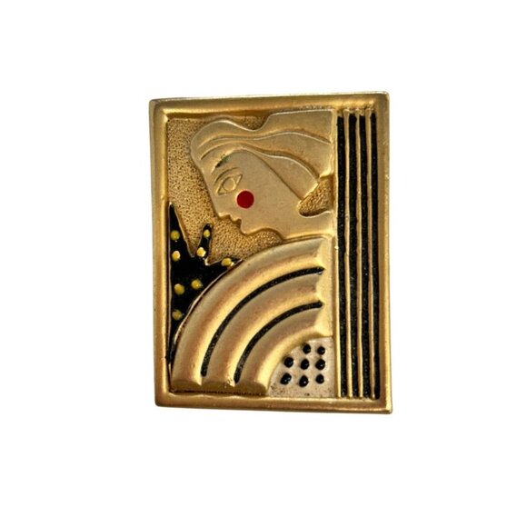 Signed AJC Cubism Artwork Brooch Matte Gold Tone Abstract Lady 1980s - Picture 7 of 7